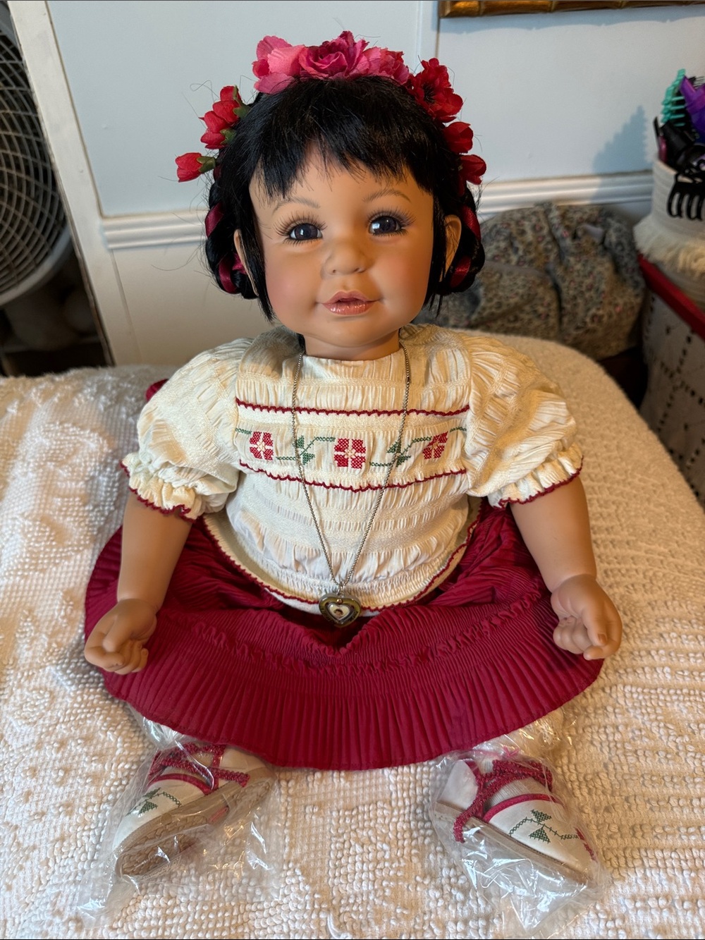 Beautiful Spanish Baby Doll in Cream Top & Red Skirt